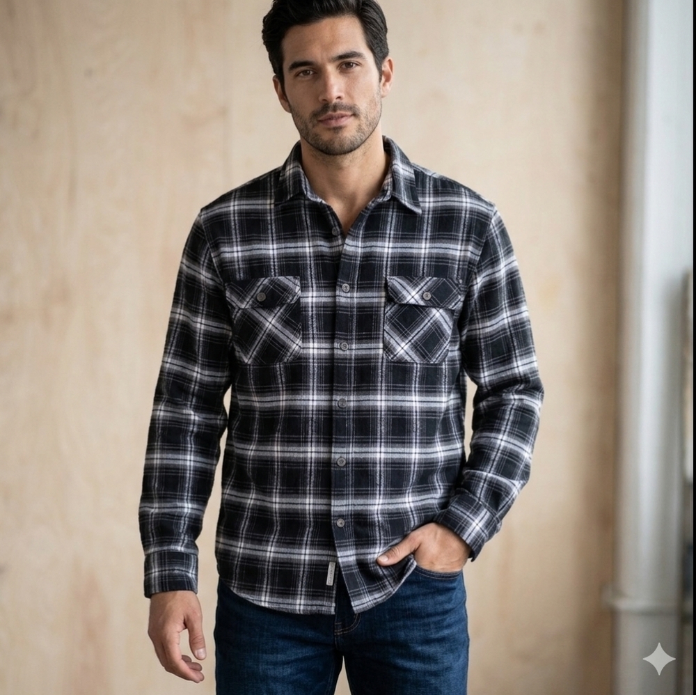 Jachs New York Mens Plaid Black White Shirt Button Up Flannel Cotton Sz XL